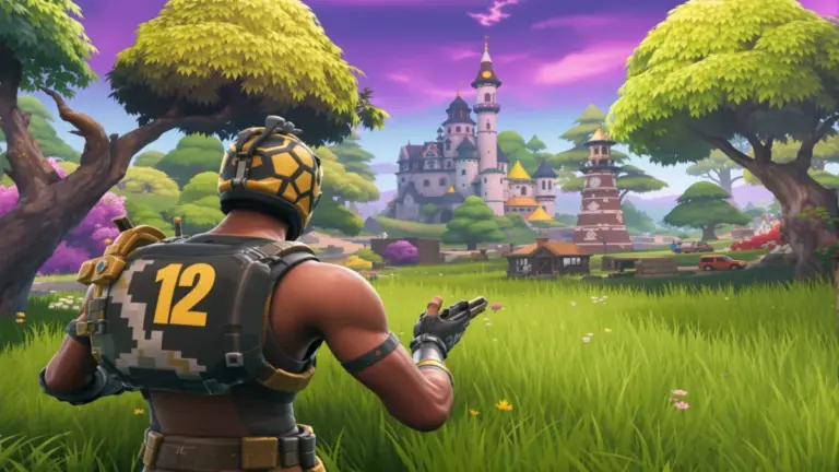 Player in tactical gear approaching fantasy castle landscape.